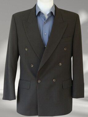 Mens 40R Slate Blue Brown Wool Micro Check Double Breasted Blazer J Riggins